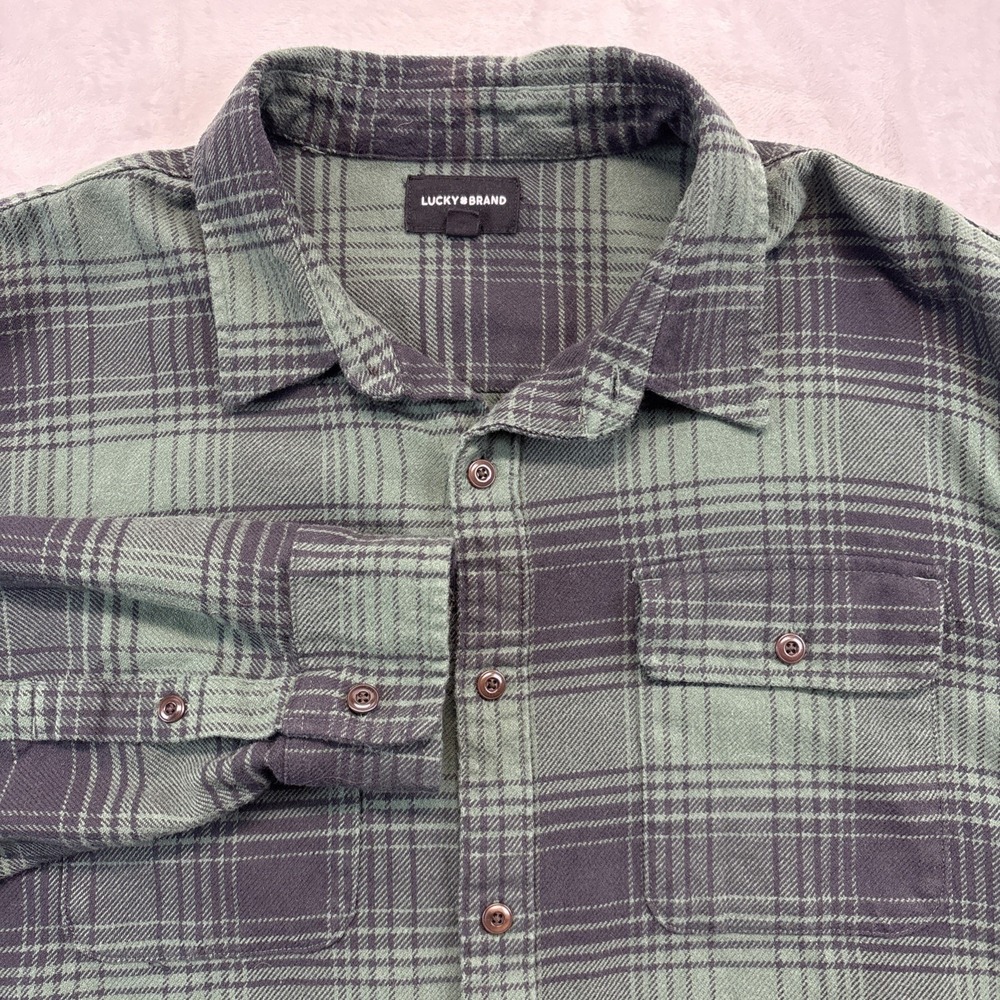 Lucky Brand Shirt Men's Size XXL Green Black Plaid Flannel Long Sleeve